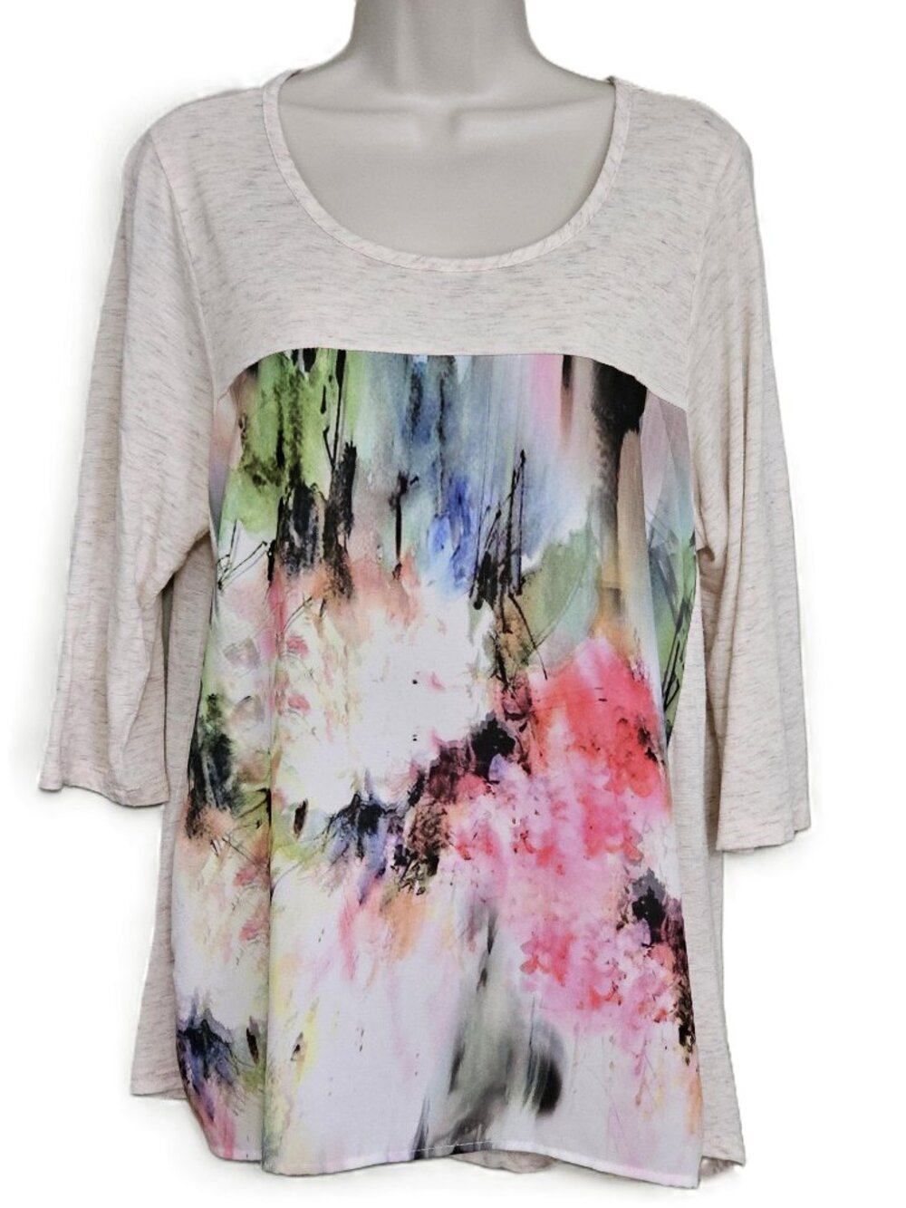 Women's 1X Bobeau Cream Top Abstract Watercolor Print 3/4 Sleeves Round Neck